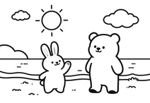 Adorable bunny and cute bear at the beach friends