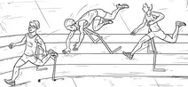 Athletes running hurdles race