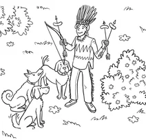 Boy in feather headdress with dogs