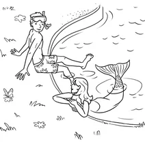 Boy swimming with mermaid