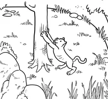 Cat scratching a tree in the meadow
