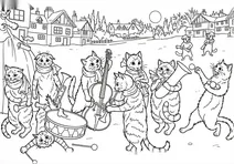 Cats playing musical instruments in a village square