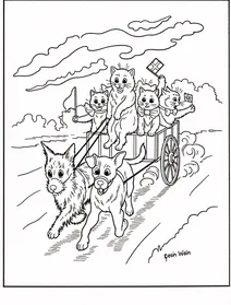 Cats riding in a wooden cart pulled by dogs