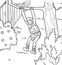 Caveman swinging on a tree branch