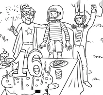 Costume birthday party with cake
