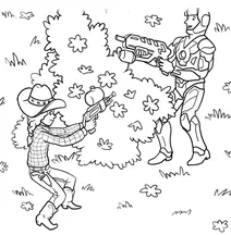 Cowgirl and space hero water fight