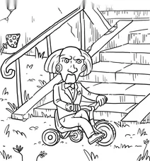 Creepy puppet on a tricycle
