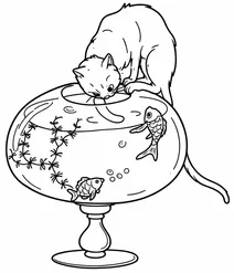 Curious cat trying to catch a fish in a fishbowl