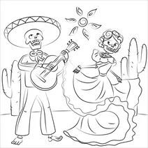 Dia de los muertos зі скелетом, що грає на гітарі, і жінкою-скелетом, що танцює