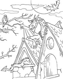 Dragon on haunted house roof