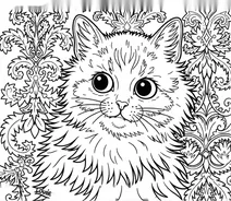 Fluffy cat portrait against a damask background