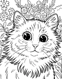 Fluffy cat portrait amidst floral background