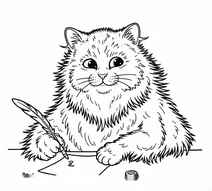 Fluffy cat writing with a feather pen and inkwell