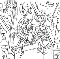 Girl and skeleton friend at haunted house