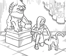 Girl petting cat in museum