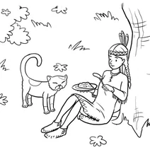 Girl sharing food with cat outdoors