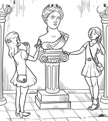 Girls visiting a museum statue