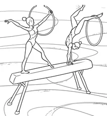 Gymnasts with hoops on balance beam