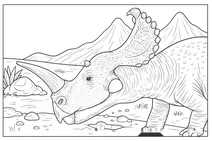 Horned dinosaur in prehistoric landscape