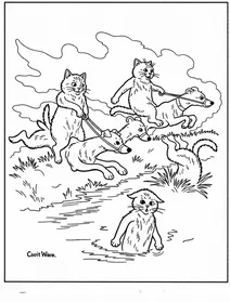Hunting scene with cats and dogs by louis wain