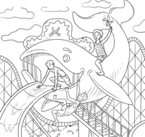 Kids on whale water slide at amusement park