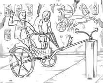 Kids riding a museum chariot exhibit