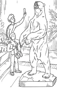 Kids taking selfie with bear statue