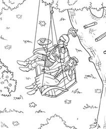 Knight and elf picnic on a swing