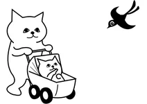 Мама-кішка з кошеням в колясці