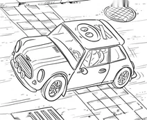 Mini cooper racing car on city street