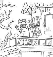 Monsters on the haunted house balcony