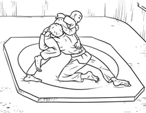 Olympic wrestlers grappling on mat