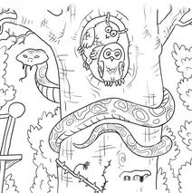 Owls and snake in spooky tree