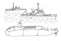 Підводний човен та бойовий корабель у відкритому морі
