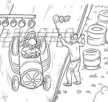 Propeller driven race car crossing the finish line
