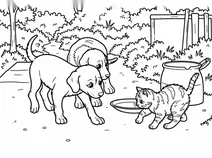 Puppies meeting a kitten by the milk bowl