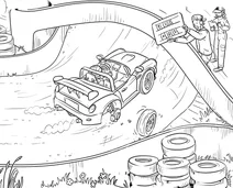 Race car losing a wheel on track