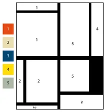Розфарбуй за номером — tableau 3 з помаранчевим, червоним, жовтим, чорним, синім і сірим (за мотивами піта мондріана)