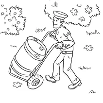 Sailor pushing a barrel on a hand truck