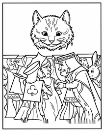 The king and queen with the card soldiers and cheshire cat