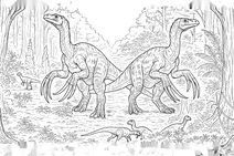 Therizinosaurus with small dinosaurs in forest