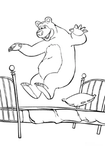 The bear jumps on the bed