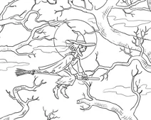 Witch flying through the haunted forest