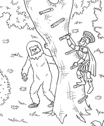 Yeti and roman soldier climbing a tree